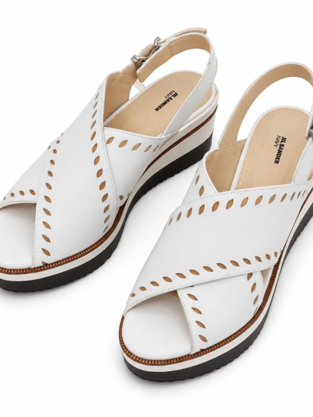 Jil Sander Navy Sandals White Leather Wedge Slingback